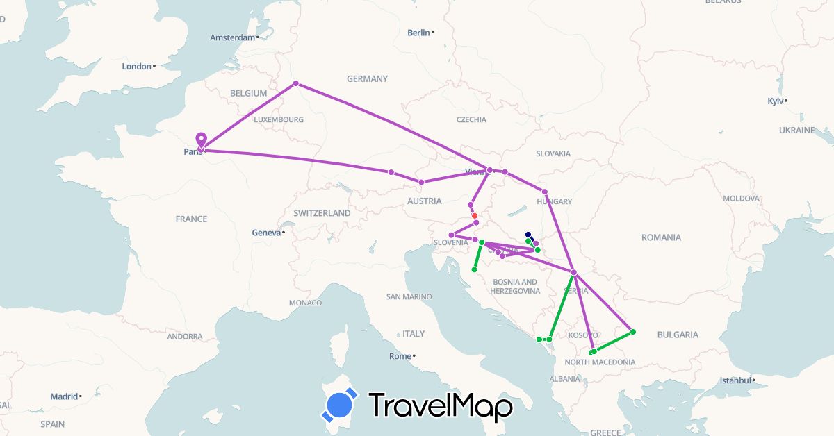 TravelMap itinerary: driving, bus, train, hiking in Austria, Bulgaria, Germany, France, Croatia, Hungary, Montenegro, Macedonia, Serbia, Slovenia, Slovakia (Europe)